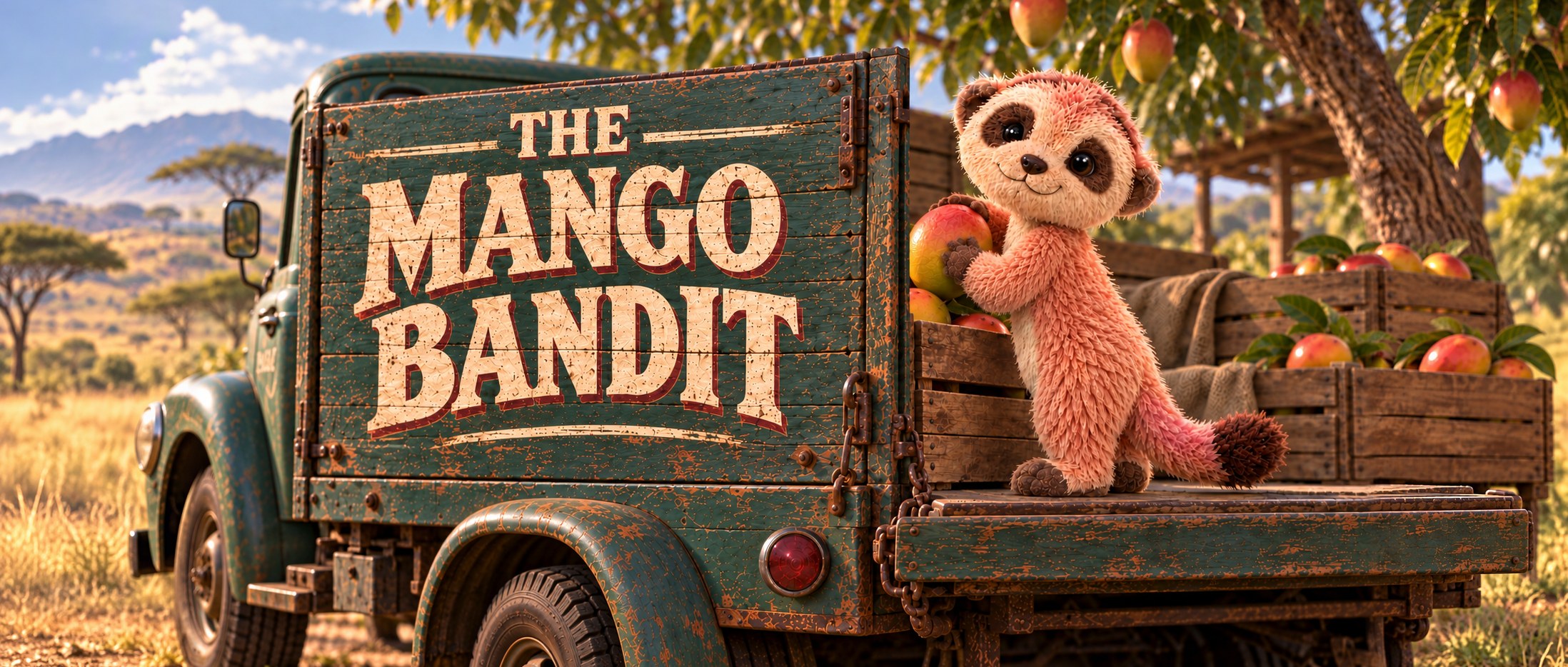 The Mango Bandit: the Agogwe hugging a mango on the back of an old green truck, with THE MANGO BANDIT painted on its side.