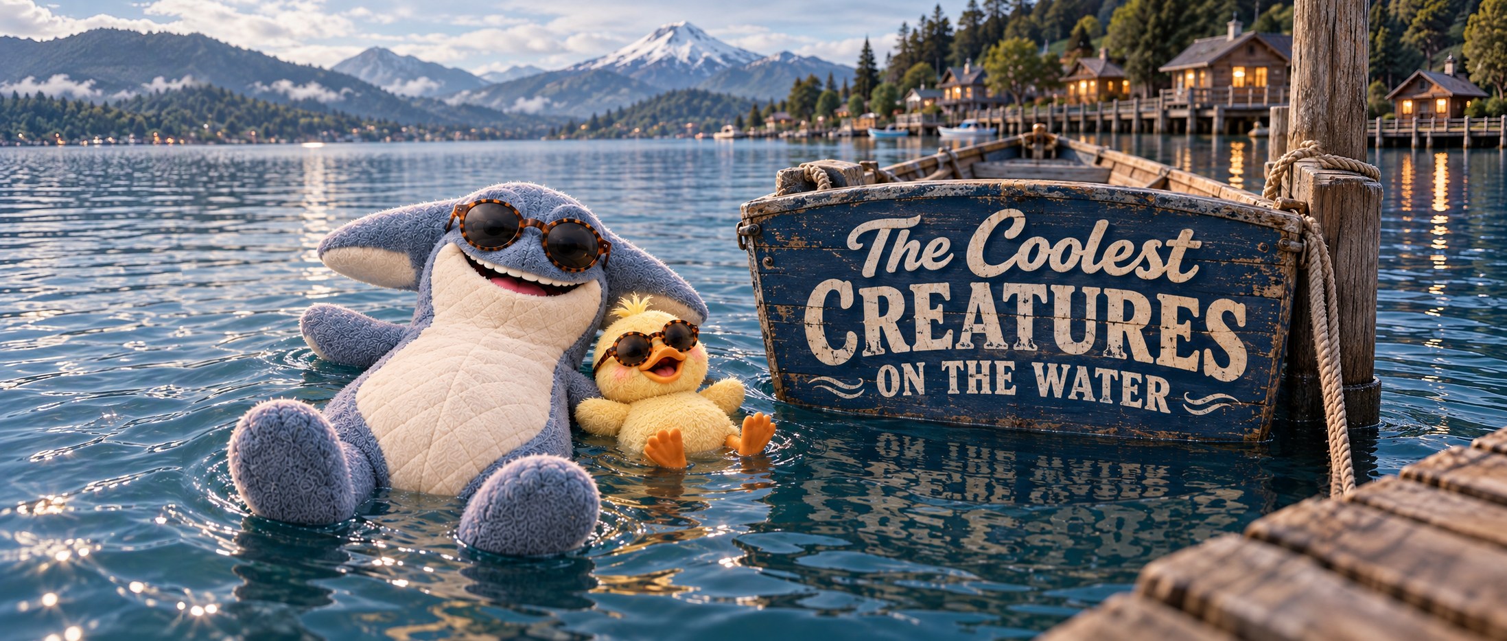 The Coolest Creatures on the Water: El Cuero and a duckling, both in sunglasses, floating on their backs in a lake beside an old blue rowing boat with the title painted on it.