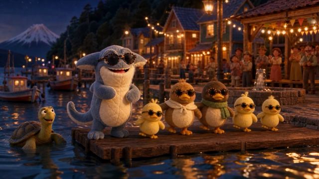 The duck family on stage.