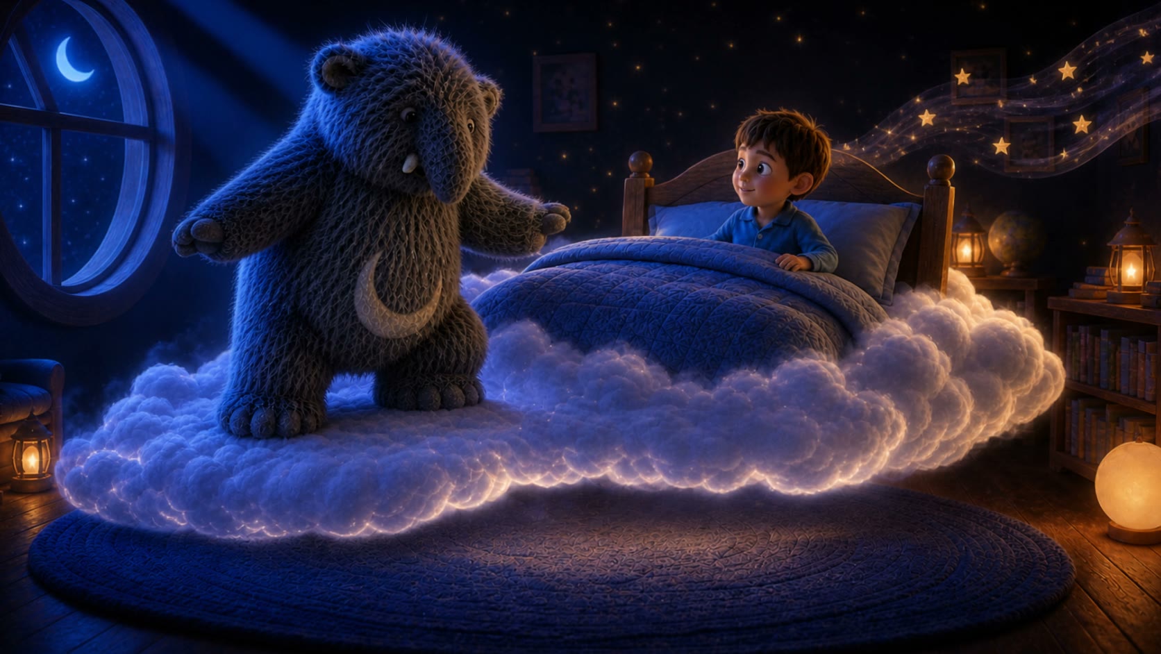 The Baku, blue-grey plush, standing on a glowing cloud beside a child sitting up in bed at night, stars on the ceiling. Concept photograph.