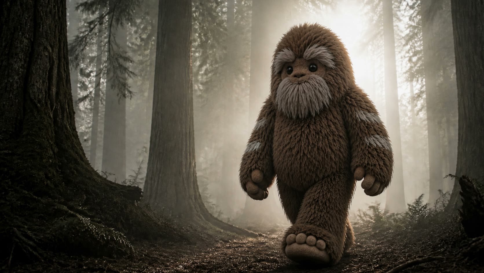 Bigfoot walking towards the camera along a forest path, tall trunks either side, fog and low light behind him. Concept photograph.