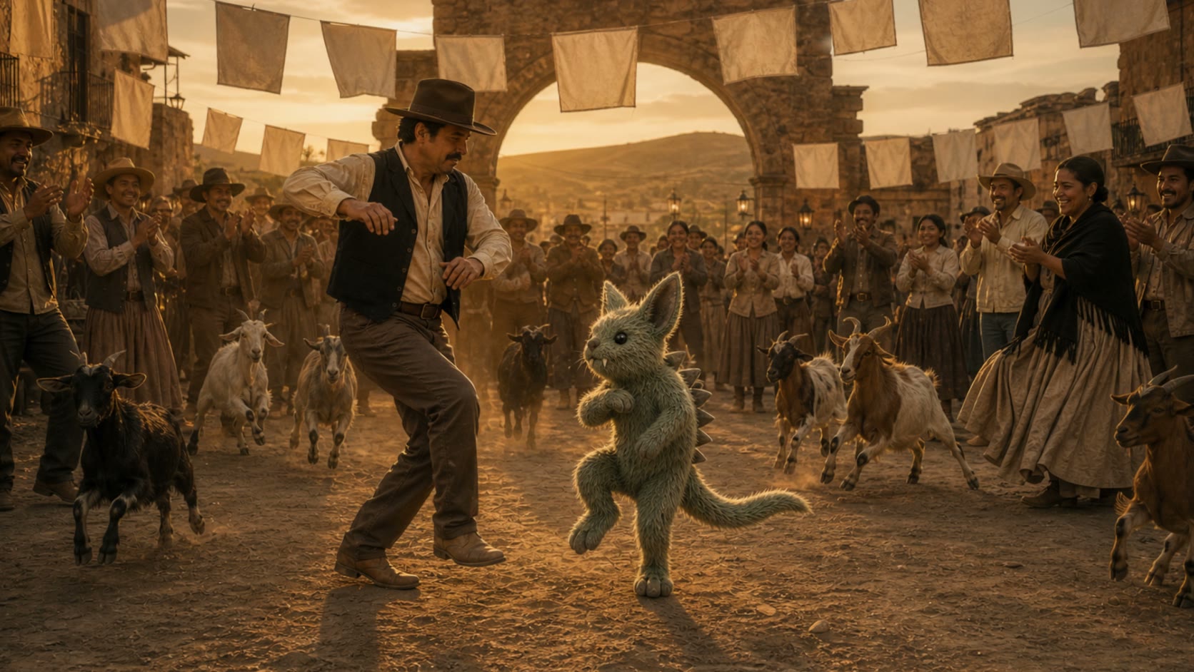 The Chupacabra, small and green, dancing with a man in a hat in a fiesta plaza at golden hour, goats trotting past. Concept photograph.