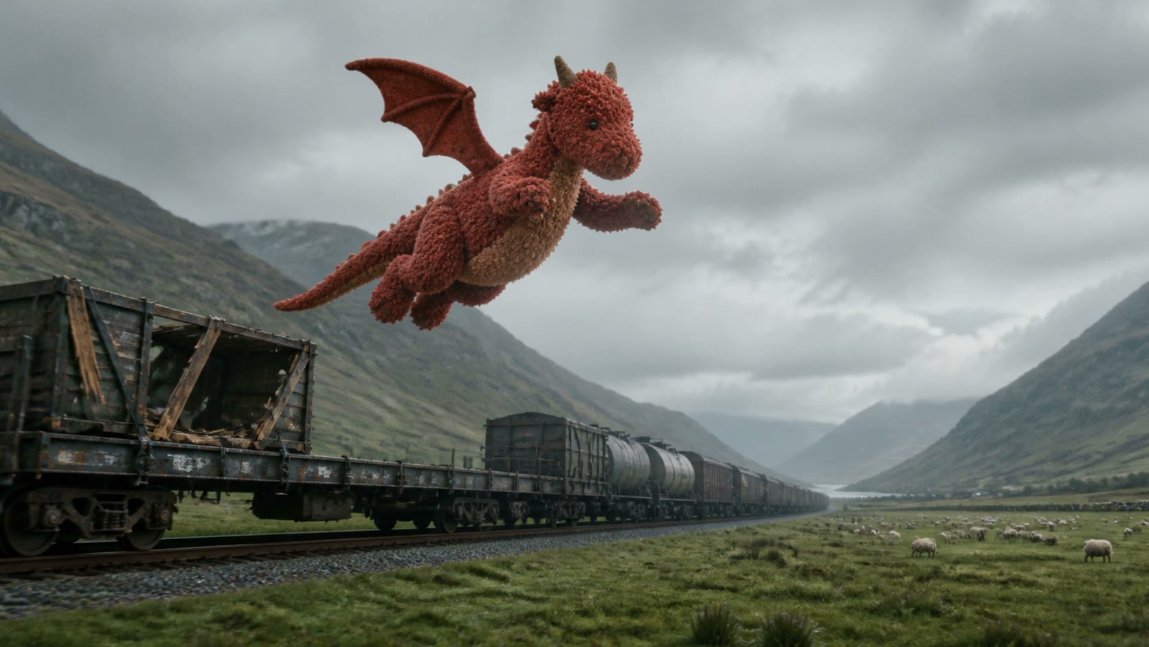 The red Welsh Dragon in flight over a freight train in a green valley, sheep in the field below. Concept photograph.