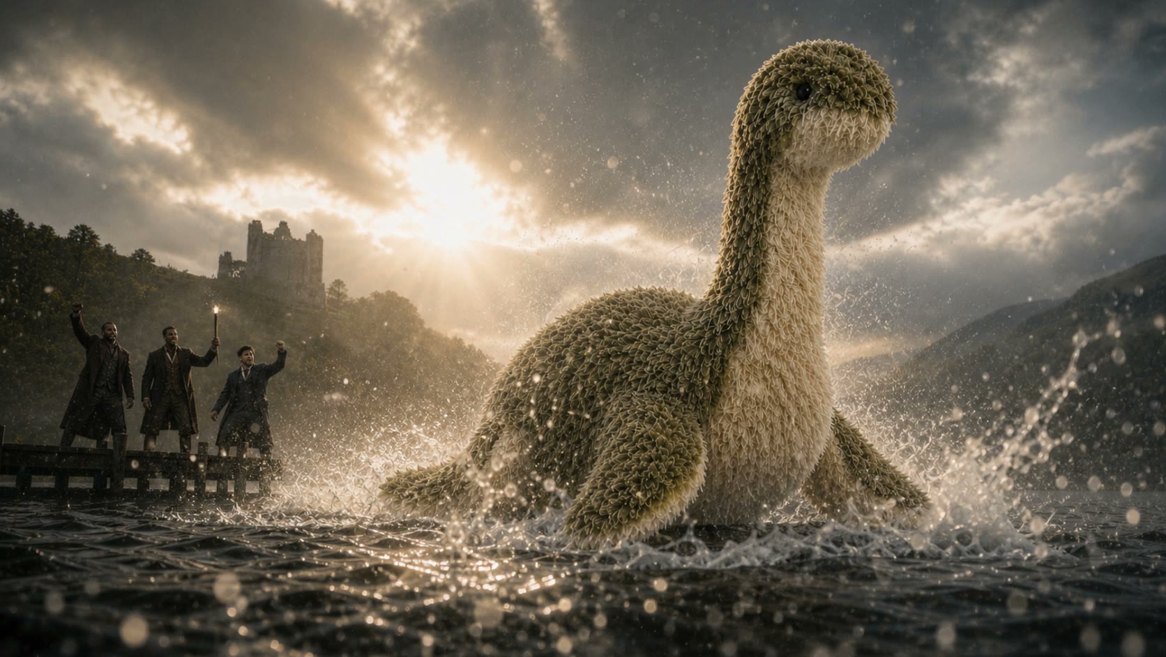 Nessie rising out of Loch Ness in a burst of spray, sun breaking through the clouds; three men cheer from a jetty, one holding a torch, a castle on the hill behind. Concept photograph.