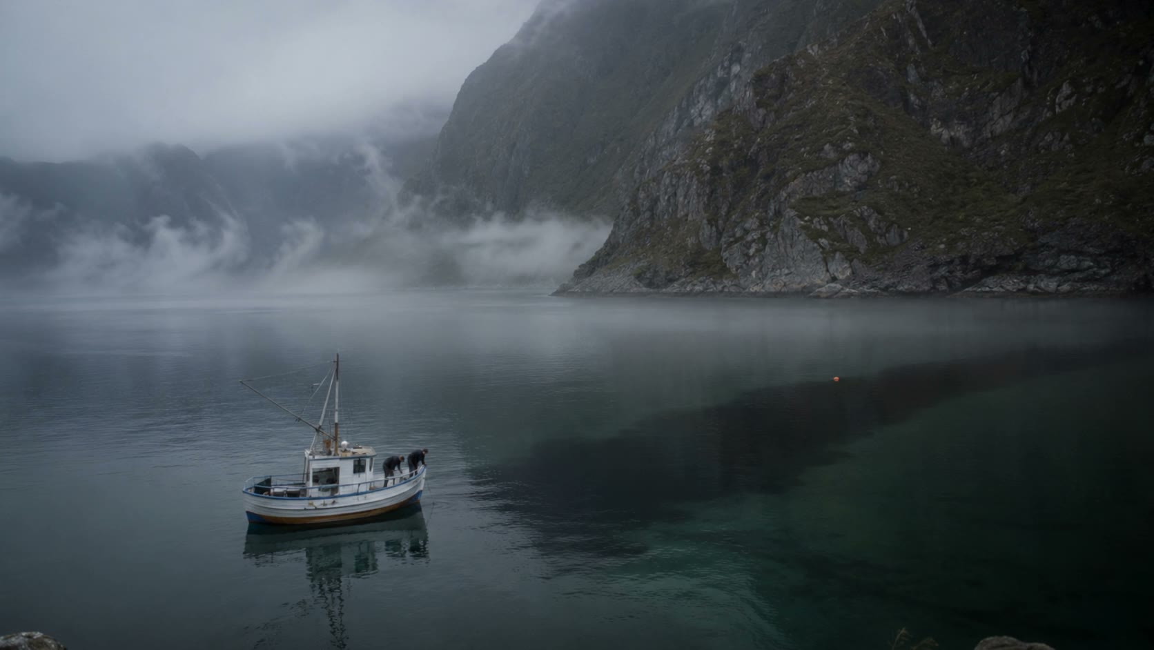 A small fishing boat alone on a misty fjord at first light, two figures at the rail looking straight down; beneath the clear water beside the boat, an enormous soft-edged dark shape.
