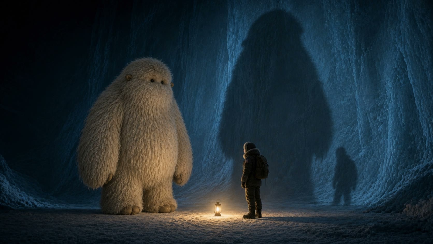 The Yeti — enormous, cream, flat-faced — facing an explorer inside a blue ice cave, a storm lantern on the snow between them, the Yeti’s shadow huge on the wall. Concept photograph.