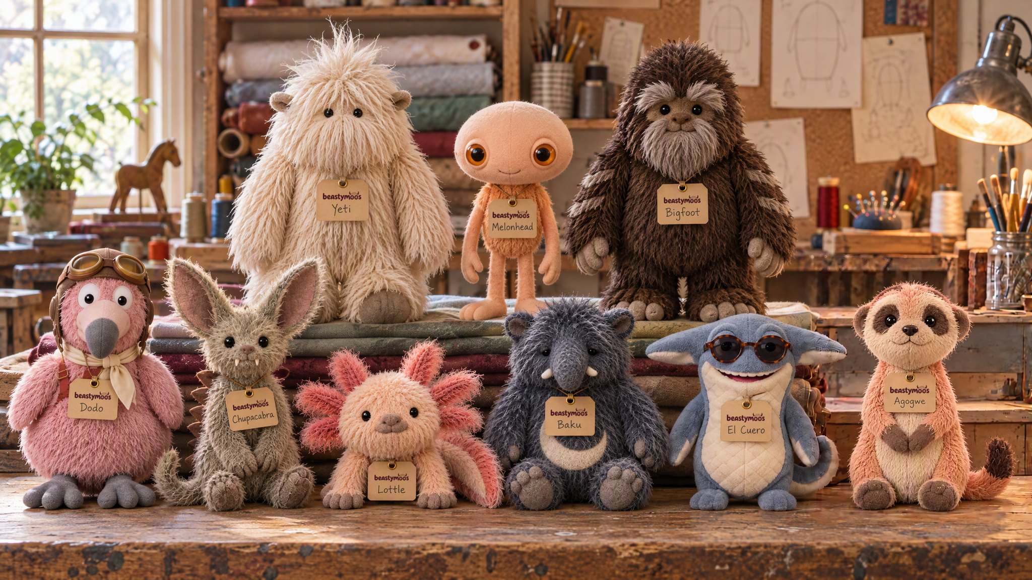 Nine Beastymoos soft toys on a toymaker’s workbench, each with a paper name tag written by hand. In front: Dodo, Chupacabra, Lottle, Baku, El Cuero and Agogwe. Behind them, on a stack of folded fabric: Yeti, Melonhead and Bigfoot.