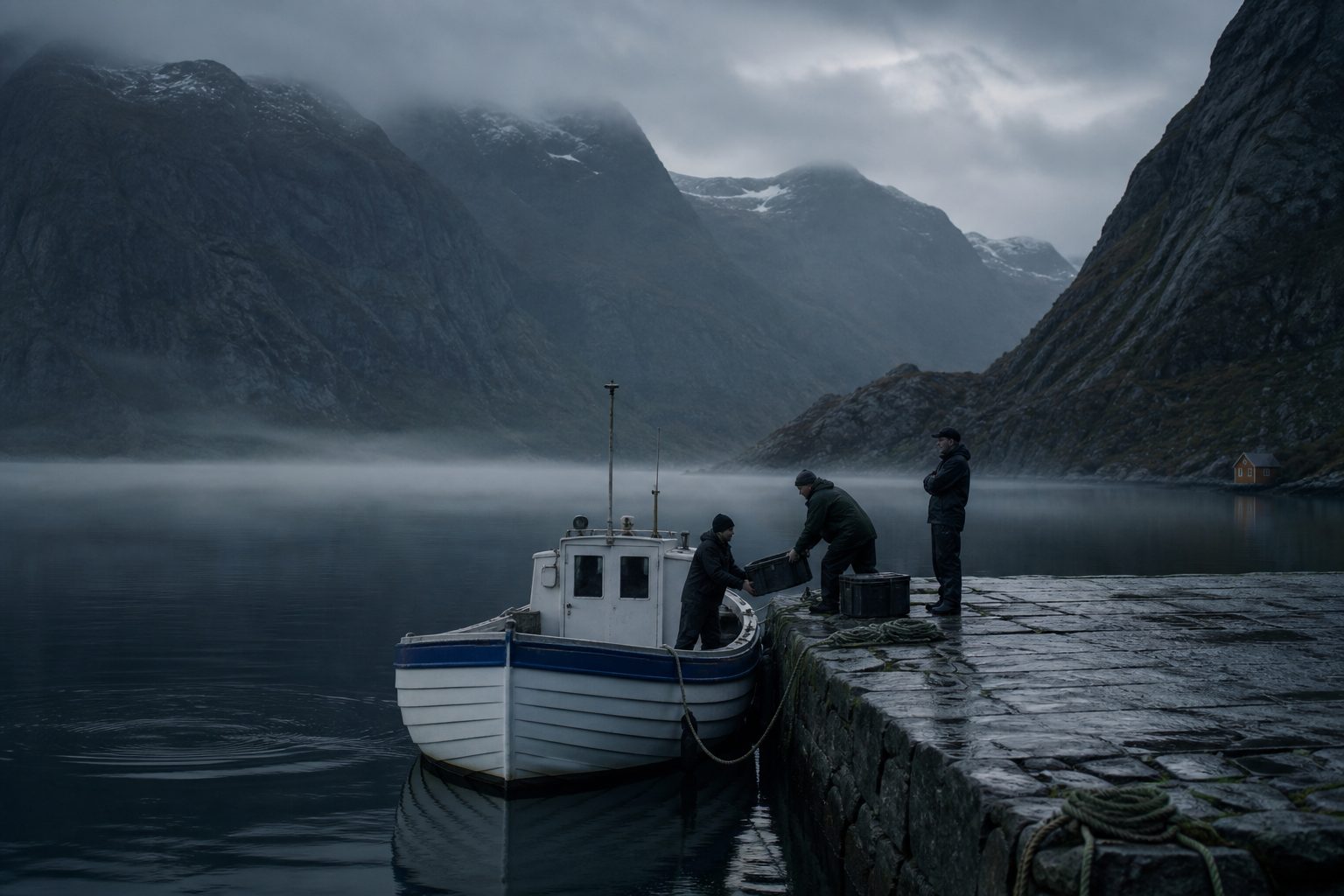 A stone quay at dawn: the chartered boat moored, its owner in oilskins talking to two people loading equipment cases.