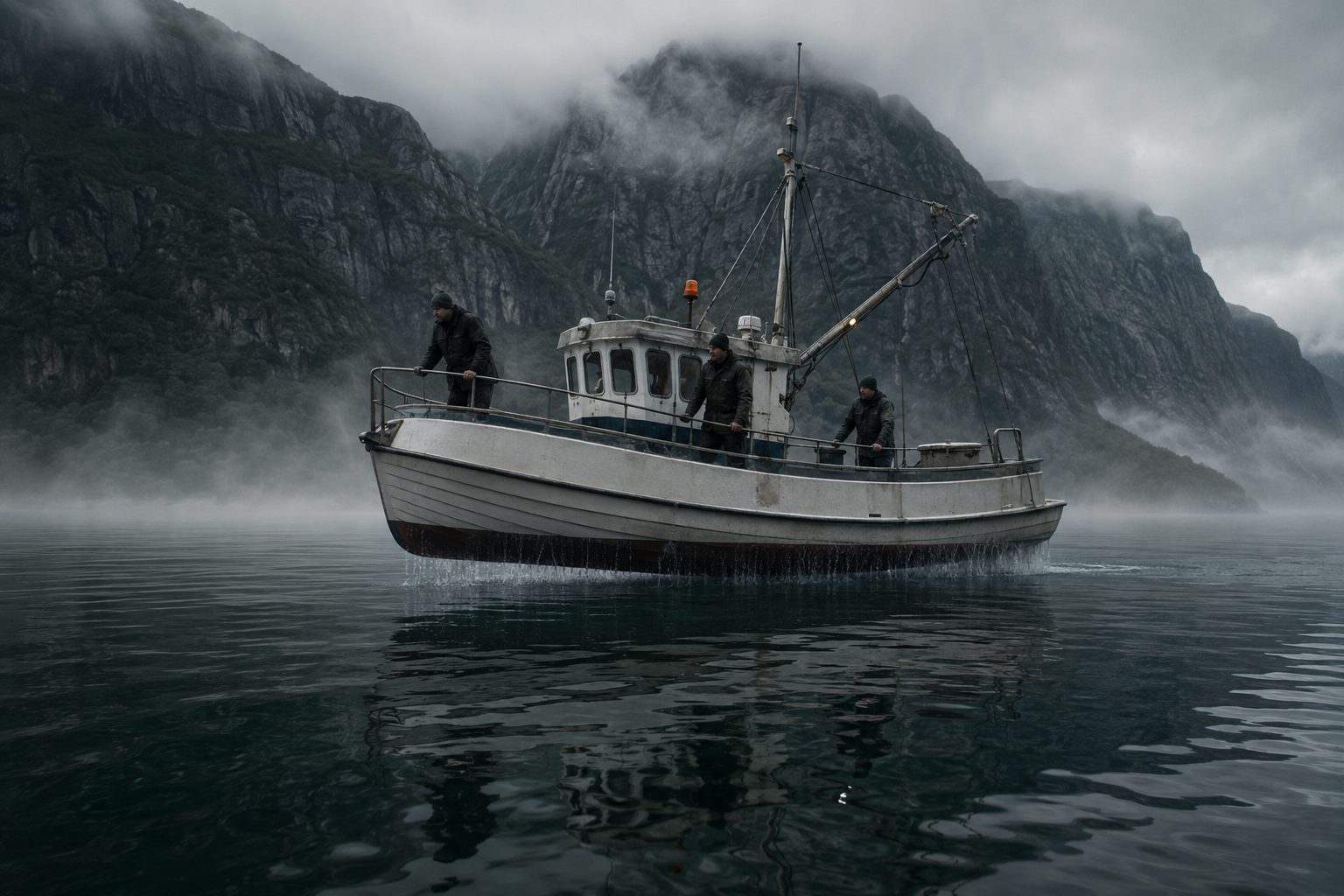 The fishing boat on the fjord, its hull lifted a hand's breadth clear of the water, the crew holding the rails and looking down.