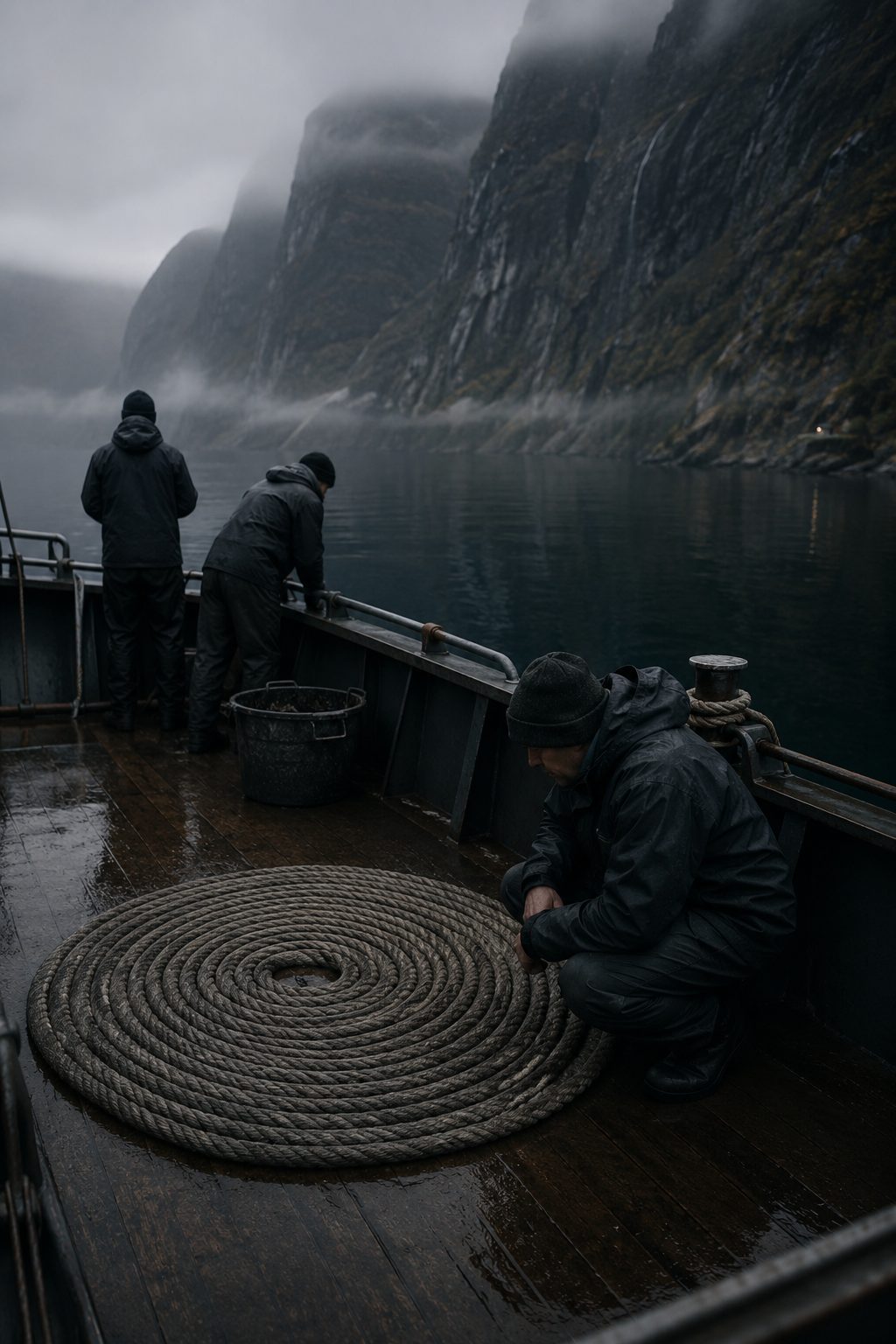 A mooring rope laid in a perfect flat spiral on a wet deck, a crouching figure studying it.