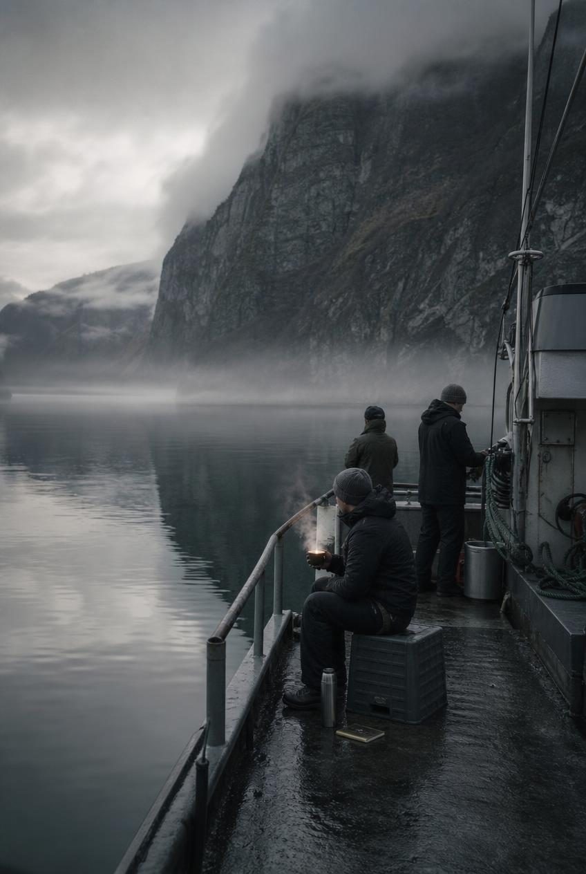 A field-team member on an upturned crate with a steaming mug, looking out along the flat, misty fjord.