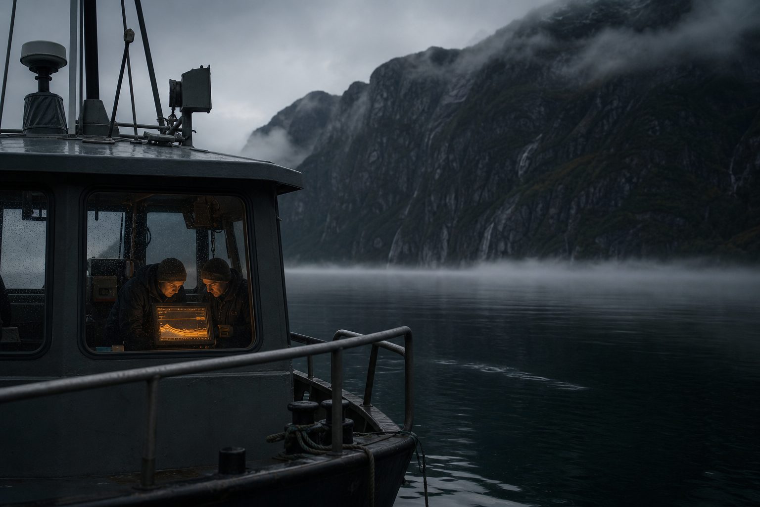 Two people in a wheelhouse leaning over an old echo-sounder screen that shows a single vast return beneath the boat.