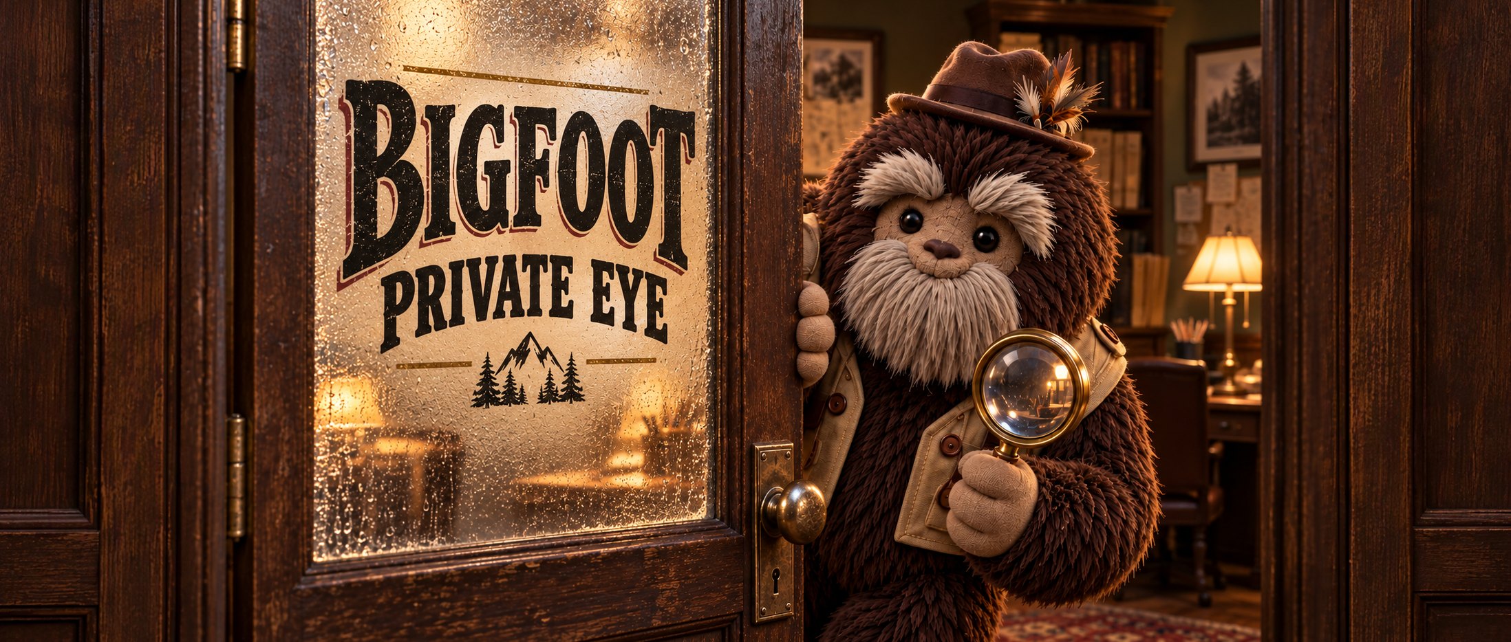 Bigfoot, Private Eye: Bigfoot in a tiny feathered hat and a coat far too small for him peeks round his office door with a magnifying glass. The glass of the door reads Bigfoot Private Eye.